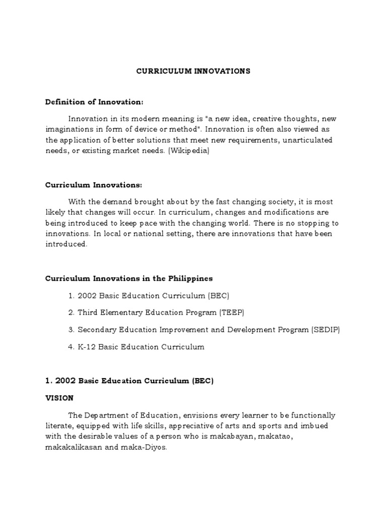 Curriculum Innovations Curriculum Innovation