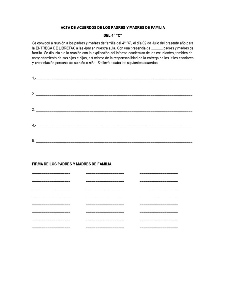 Acta de Acuerdos de Los Padres y Madres de Familia | PDF