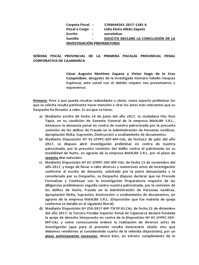 Se Solicita Conclusion de Investigacion Preparatoria | PDF | Contador |  Fiscal