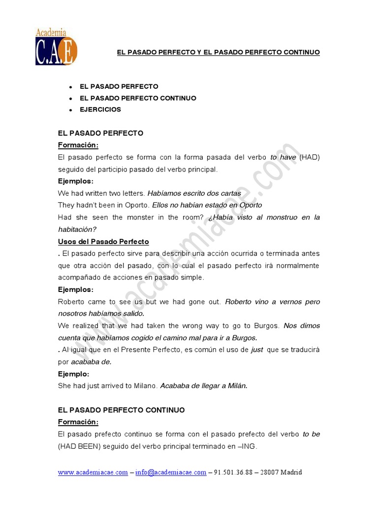 Ejercicios de Pasado Perfecto y Continuo | PDF | Artes del Lenguaje y ...