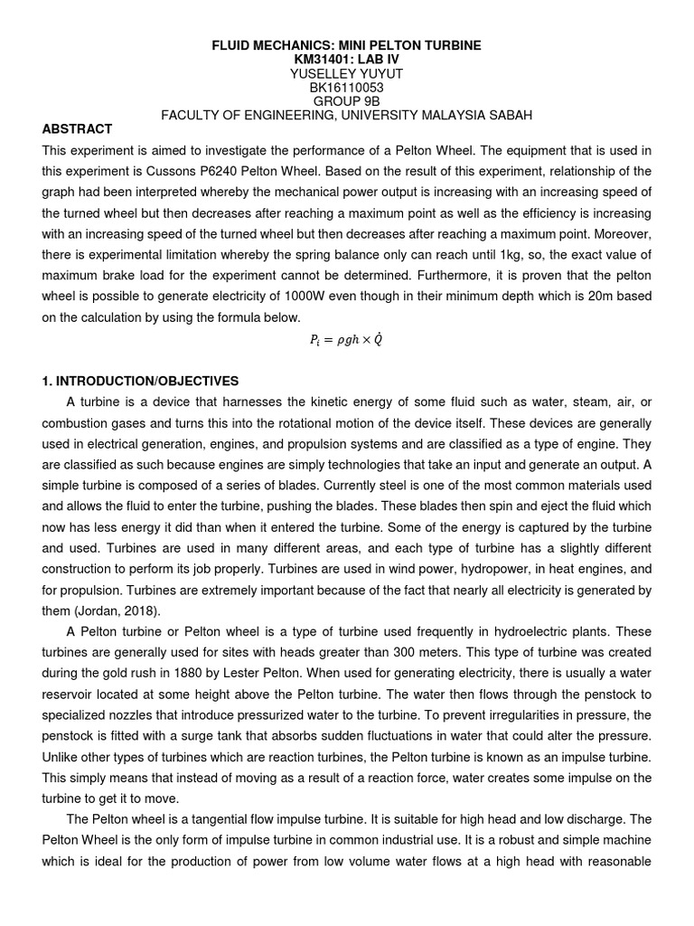 Pelton Wheel Performance Analysis | PDF | Turbine | Power (Physics)
