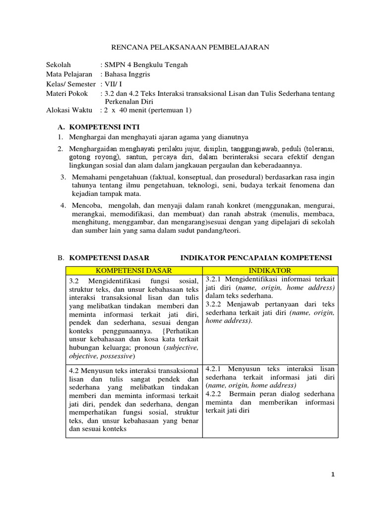 Rpp 1 Teks Interaksi Transaksional Lisan Dan Tulis Sederhana Tentang Perkenalan Diri Docx