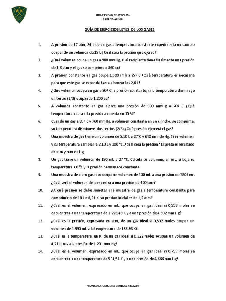 Guía de Ejercicios sobre Gases | PDF | Gases | Fases de la materia