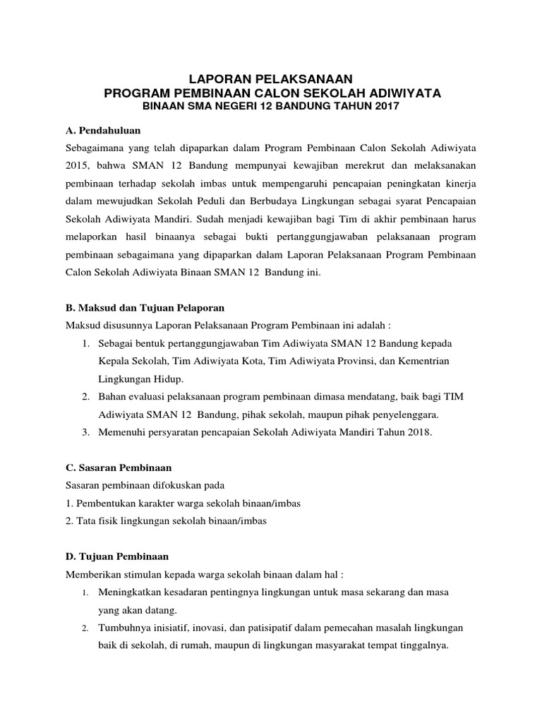 Laporan Pelaksanaan Pembinaan Calon Sekolah Adiwiyata 2 Docx