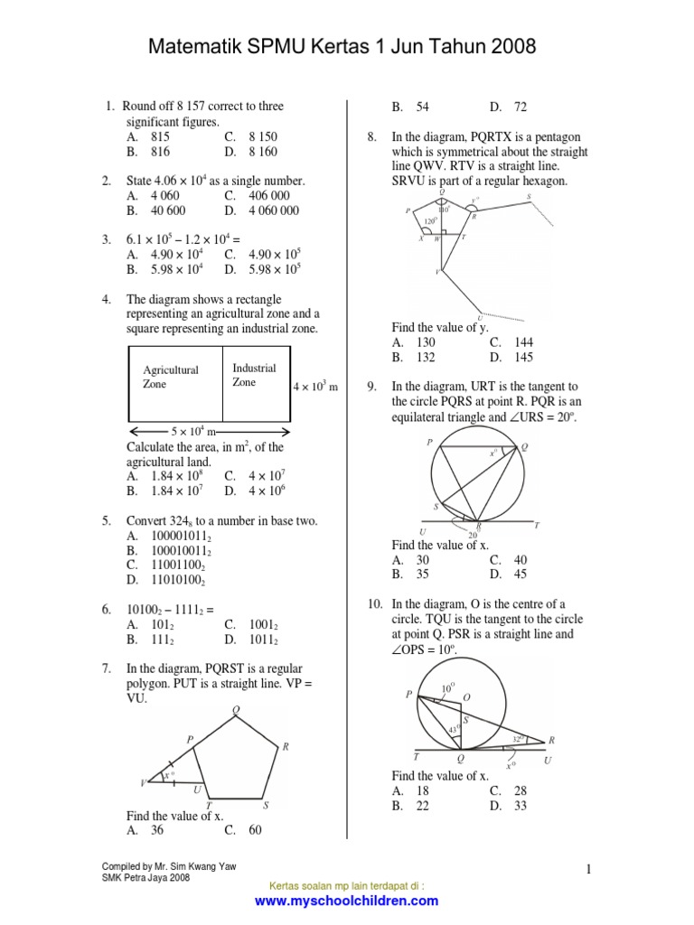 LPKPM SPM JUN 2008 MATHEMATICS Paper 1,2sq PDF | PDF | Matrix ...
