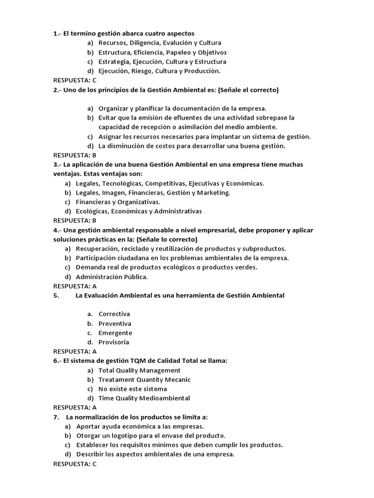 Cuestionario sobre Gestión Ambiental | PDF | Evaluación de impacto ...