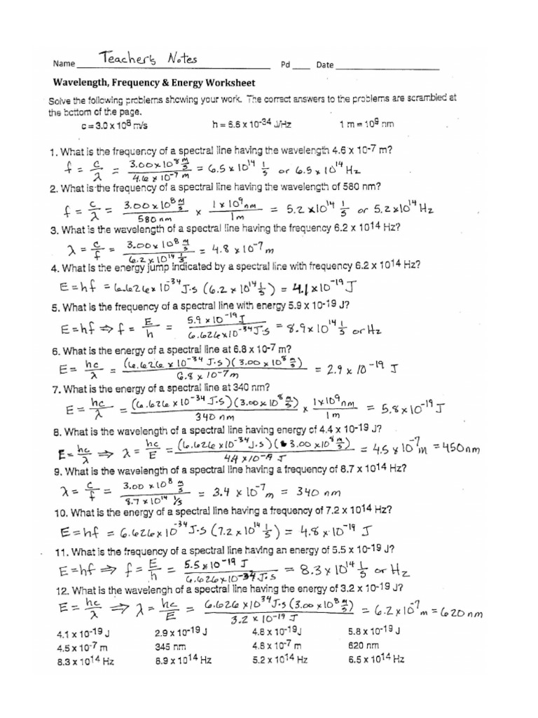 Wavelength Frequency And Energy Worksheet Answers Pdf