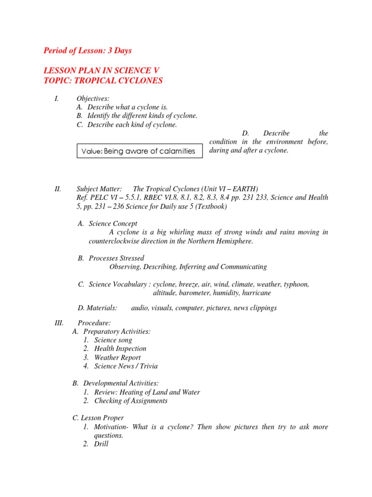 Period of Lesson: 3 Days Lesson Plan in Science V Topic: Tropical ...