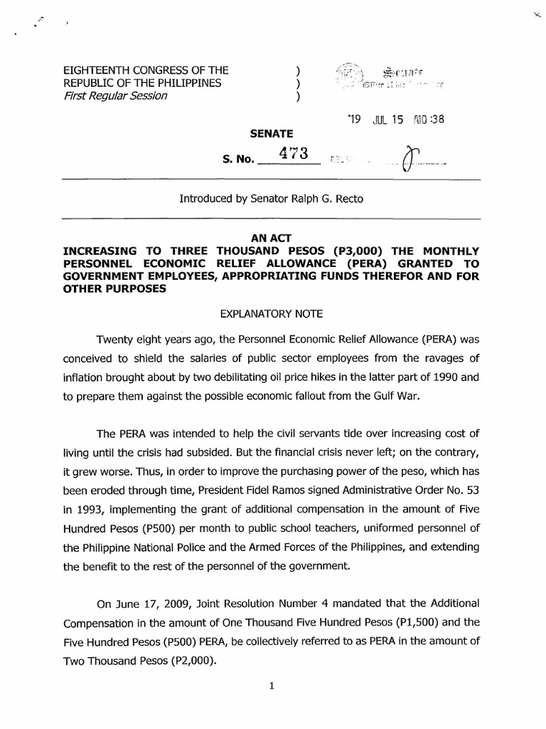 SBN0473 Increasing Personal Economic Relief Allowance (PERA) To P3