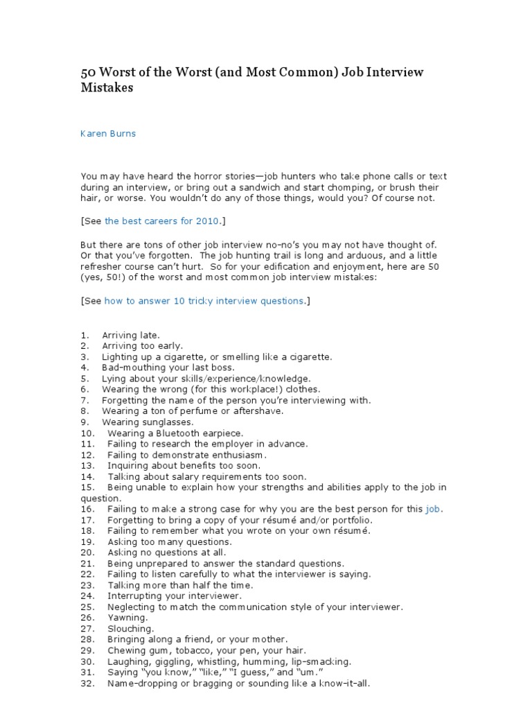 50 Worst Interview Mistakes | PDF | Job Interview