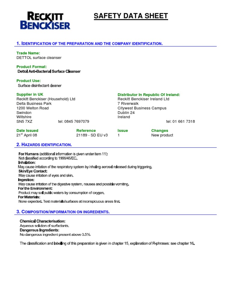 Dettol Spray Data Sheet Occupational Safety And Health Prevention