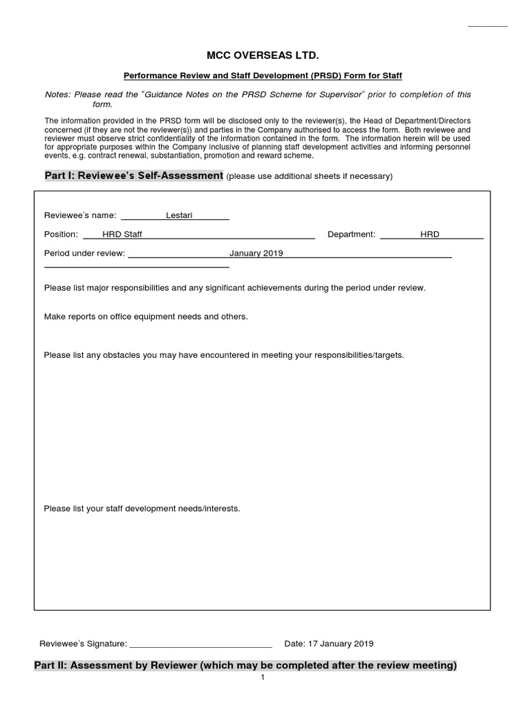 MCC Overseas LTD.: Performance Review and Staff Development (PRSD) Form ...