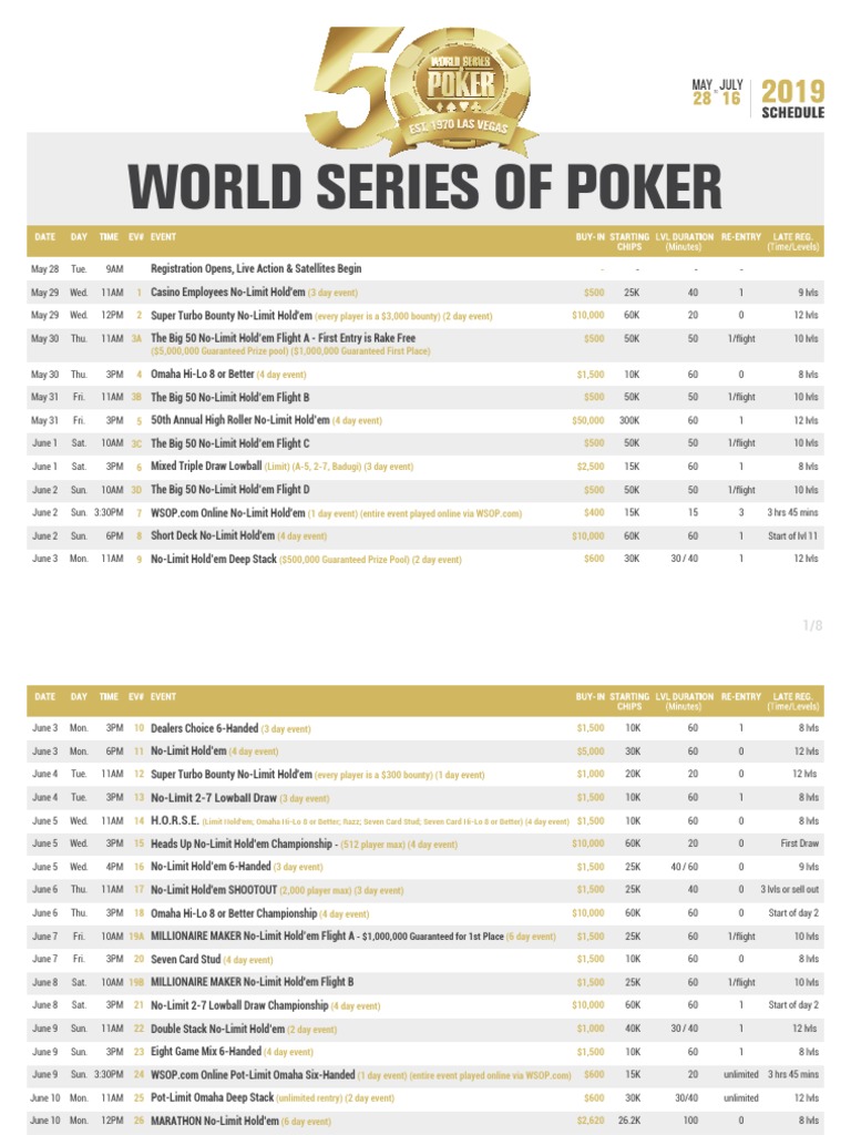 2019 WSOP Schedule Final PDF Betting In Poker Card Games