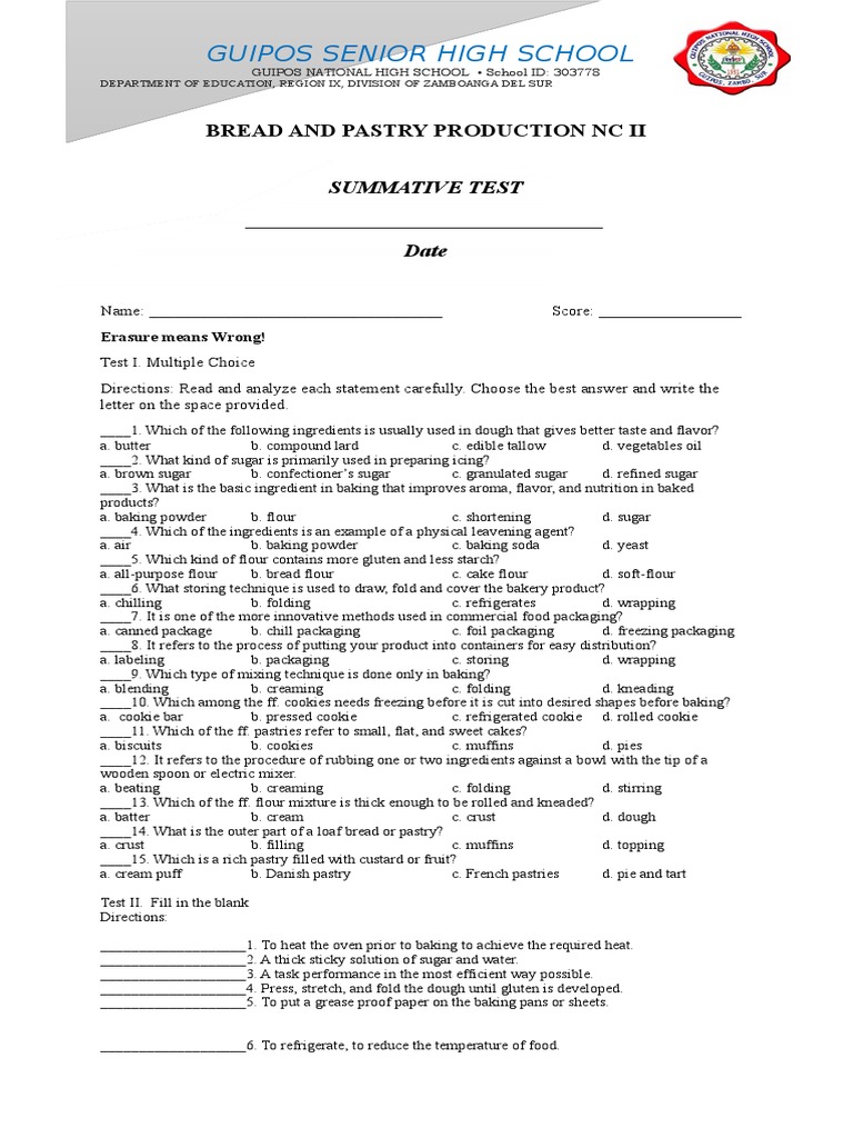 BPP Summative Test Final | PDF | Baking | Cakes