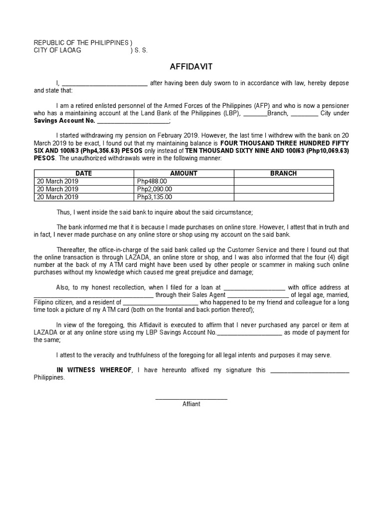 Affidavit For Unauthorized Transcations | PDF | Affidavit | Online Shopping