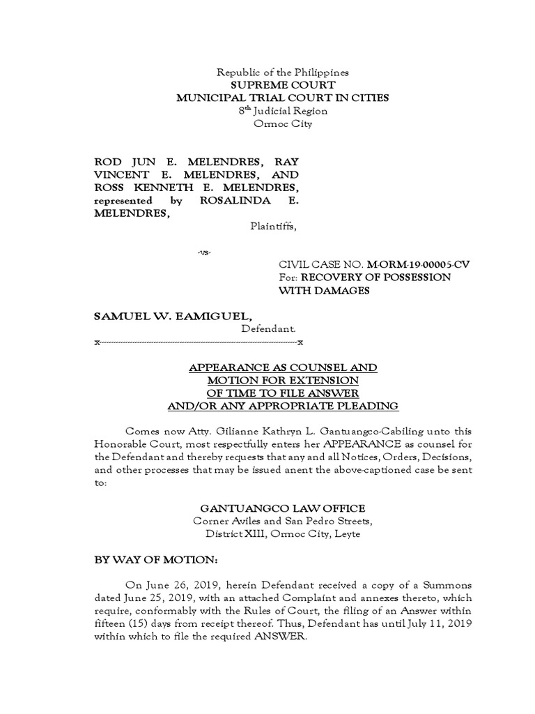 Motion for Extension of Time to Answer | PDF | Complaint | Separation ...