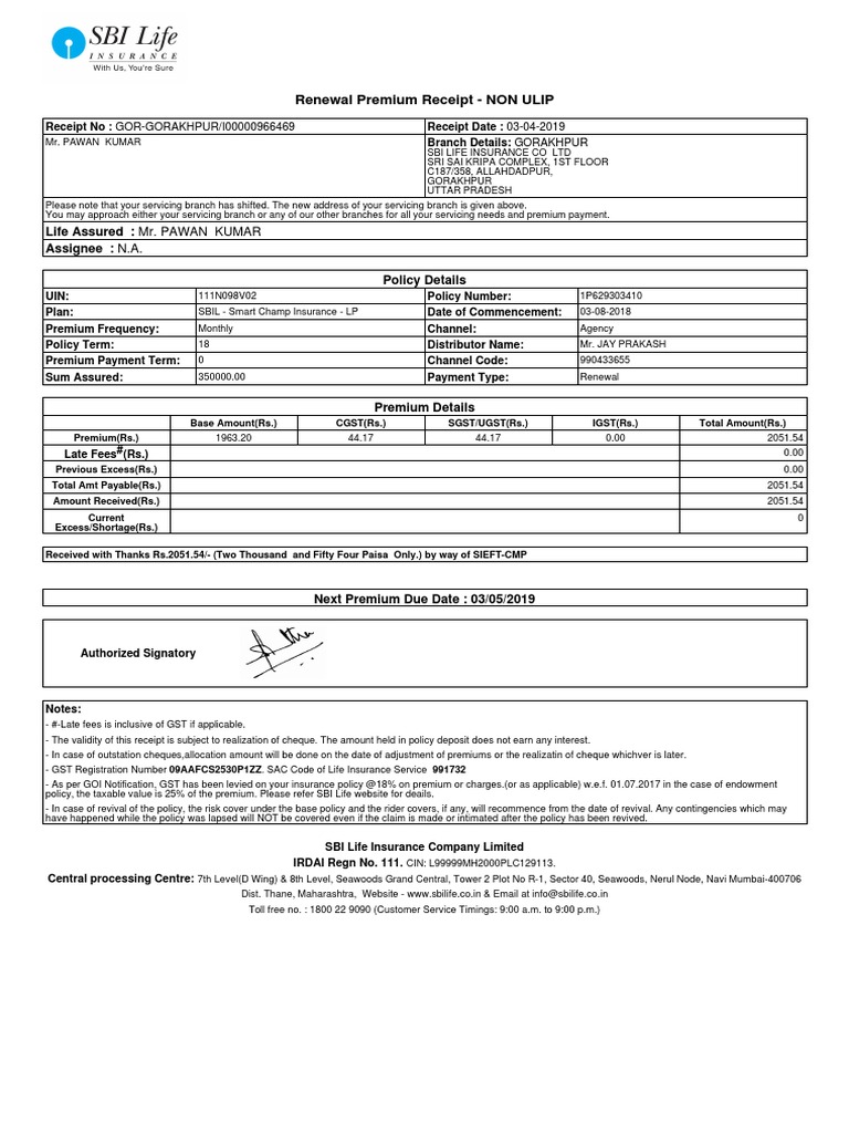 Renewal Premium Receipt - NON ULIP: Life Assured: Mr. PAWAN KUMAR ...