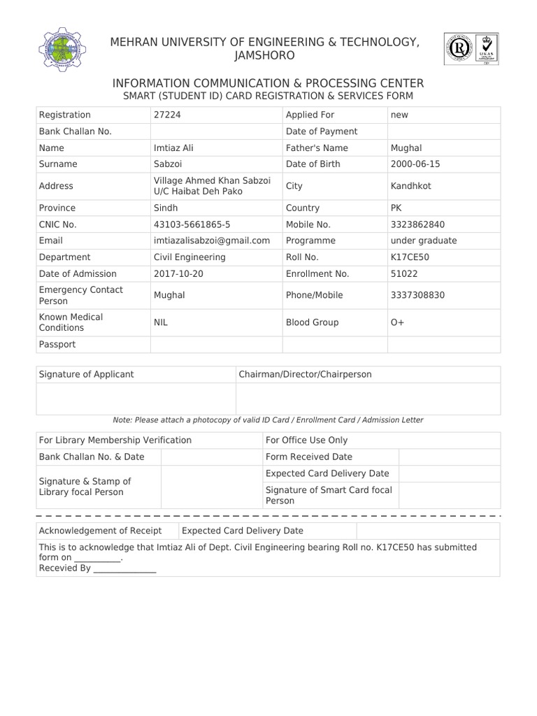 Smart Card Registration Form - Mehran University | PDF