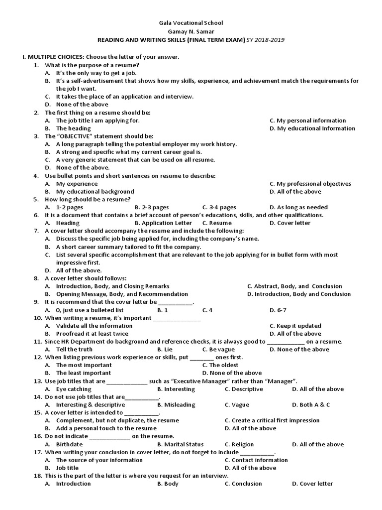 Reading and Writing Exam PDF Résumé Test (Assessment)