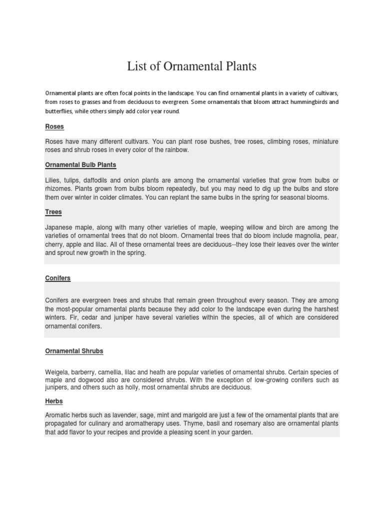 Ornamental Plants: Types & Varieties | PDF