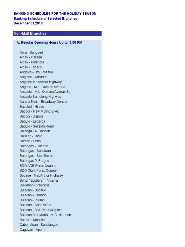 Holiday Banking Hours Overview | PDF | Philippines | Retailing