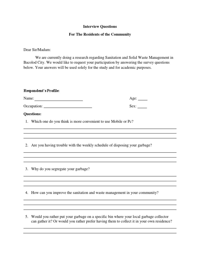 Interview Questions For The Residents of The Community | PDF