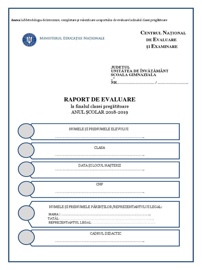 Raport De Evaluare Clasa Pregatitoare 2018 2019
