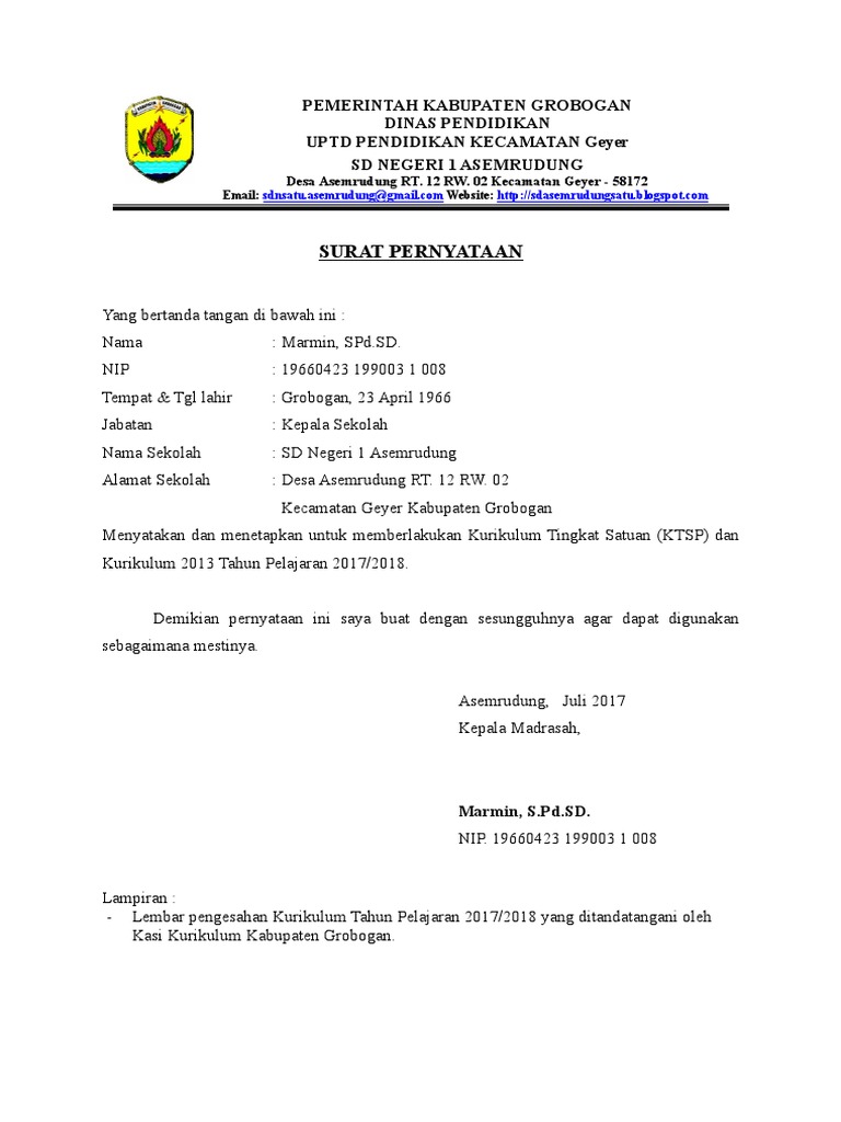 Kk Surat Pernyataan Pemberlakuan Kurikulum