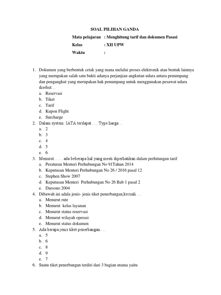 Soal Menghitung Tarif Dan Dok Pasasi Xii Upw Docx