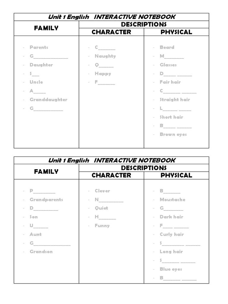 Unit 1 English Interactive Notebook: Family Descriptions Character ...