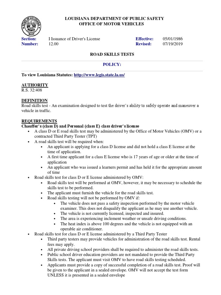 Louisiana OMV's Updated Road Test Policy PDF Driving Traffic