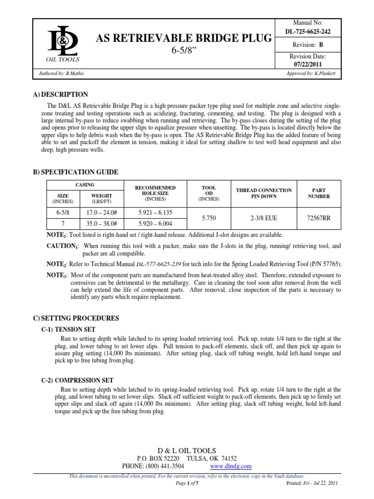 As Retrievable Bridge Plug: A) Description | PDF | Screw | Tools