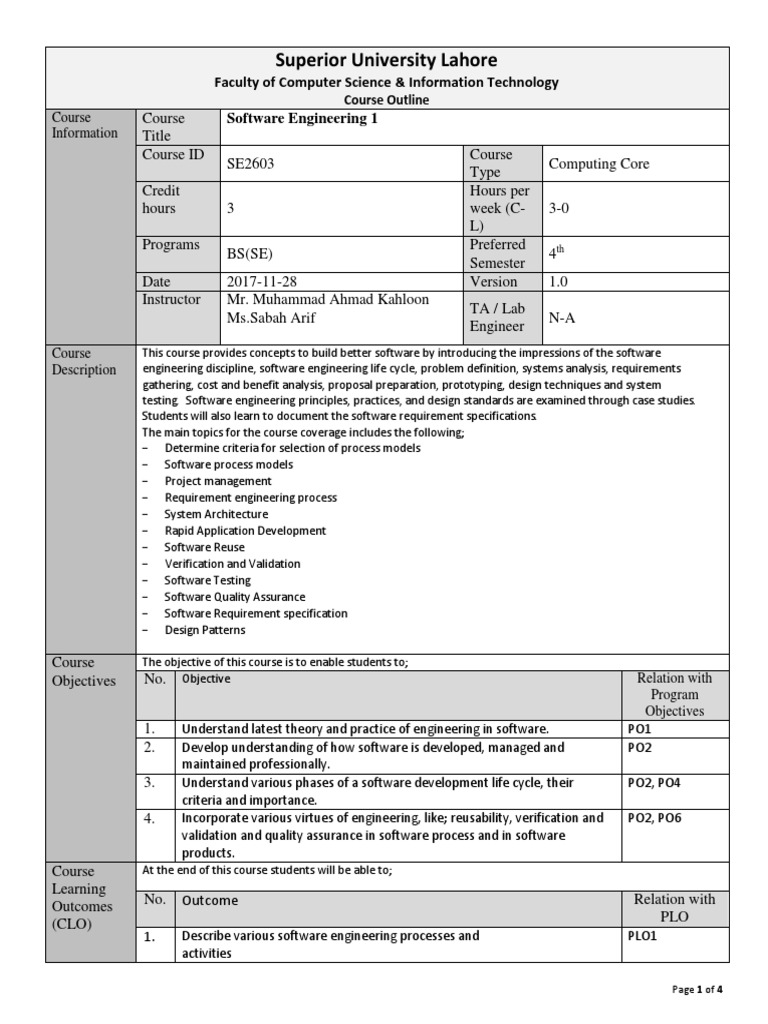 Course Outline - Software Engineering 1 (BSCS-Fall17) | PDF | Software ...
