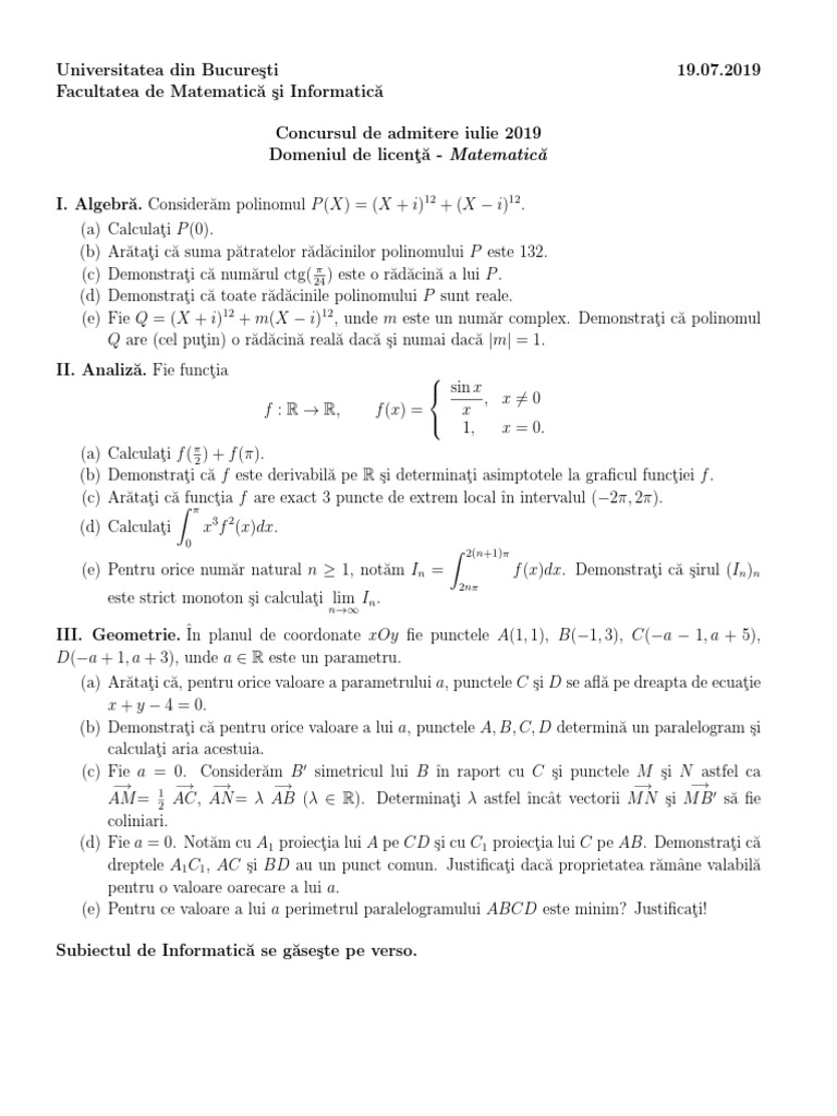 Subiecte Admitere DL Mate Iulie 2019 | PDF