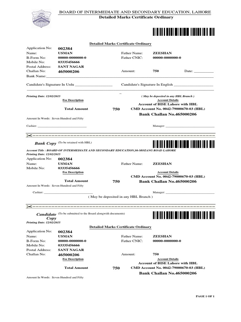Detailed Marks Certificate Ordinary: Board of Intermediate and ...