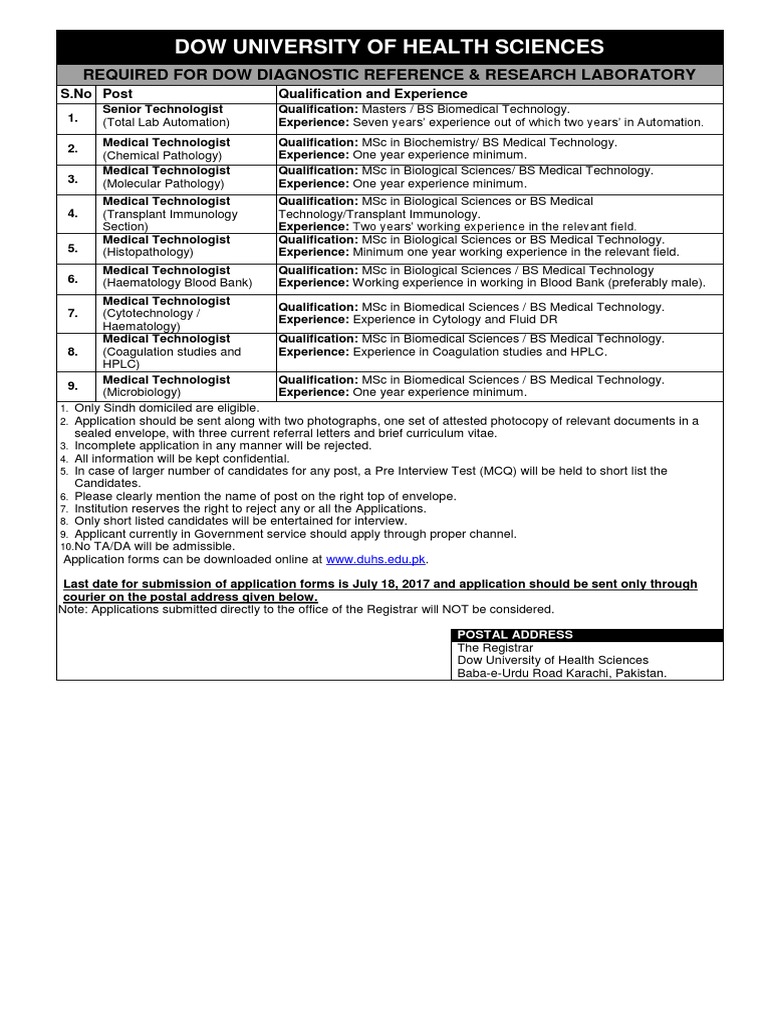 Dow University of Health Sciences Required For Dow Diagnostic
