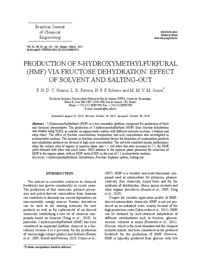Production of 5-Hydroxymethylfurfural (HMF) Via Fructose Dehydration ...