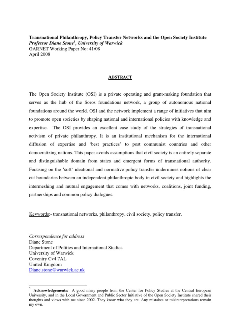 Transnational Philanthropy and Policy Transfer | PDF | World Economic ...