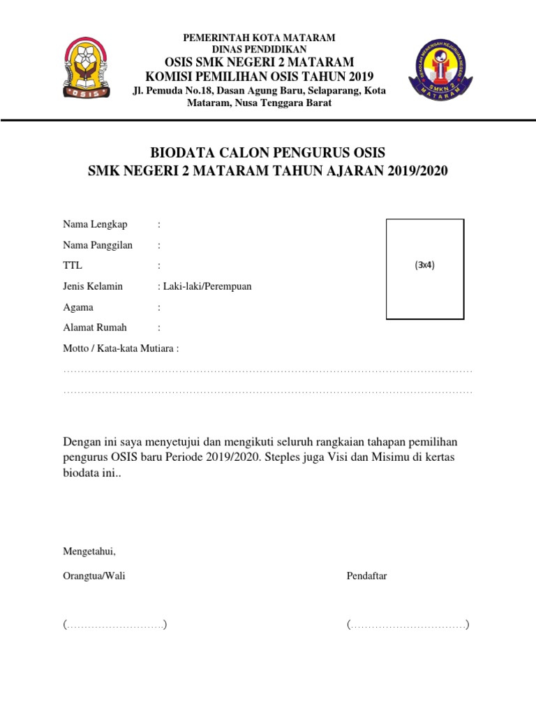 Contoh Biodata Osis
