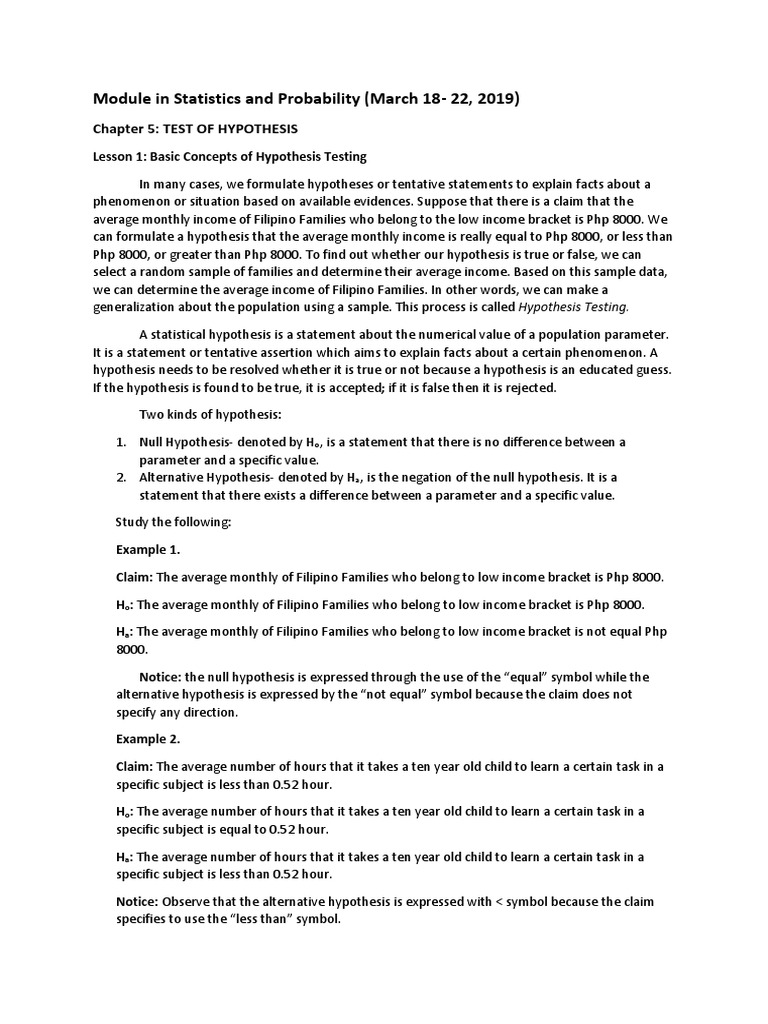Module in Statistics and Probability | PDF | Statistical Hypothesis ...
