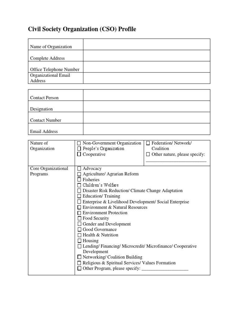 CSO Organizational Profile Template | PDF | Welfare | Cooperative