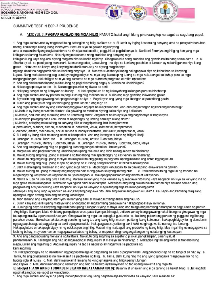 Summative Test in Esp Modyul 3-4 2019 | PDF