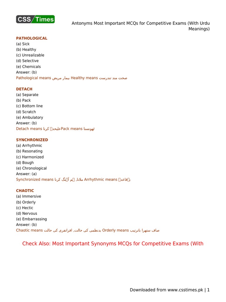Chaotic Meaning In Urdu Antonyms Most Important MCQs For Competitive Exams (With Urdu Meanings) |  PDF | Linguistic Typology | Lexical Semantics