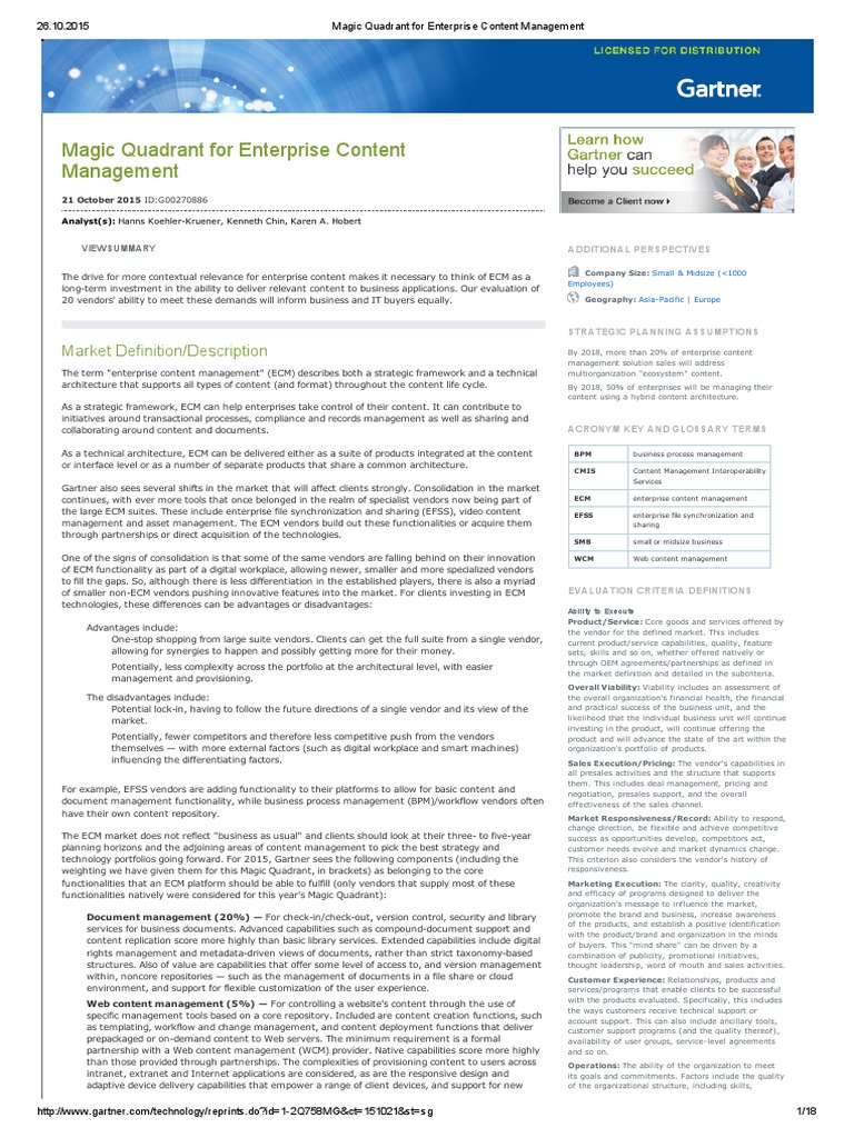 Gartner MQ ECM Enterprise Content Management 2015 PDF | PDF | Cloud ...