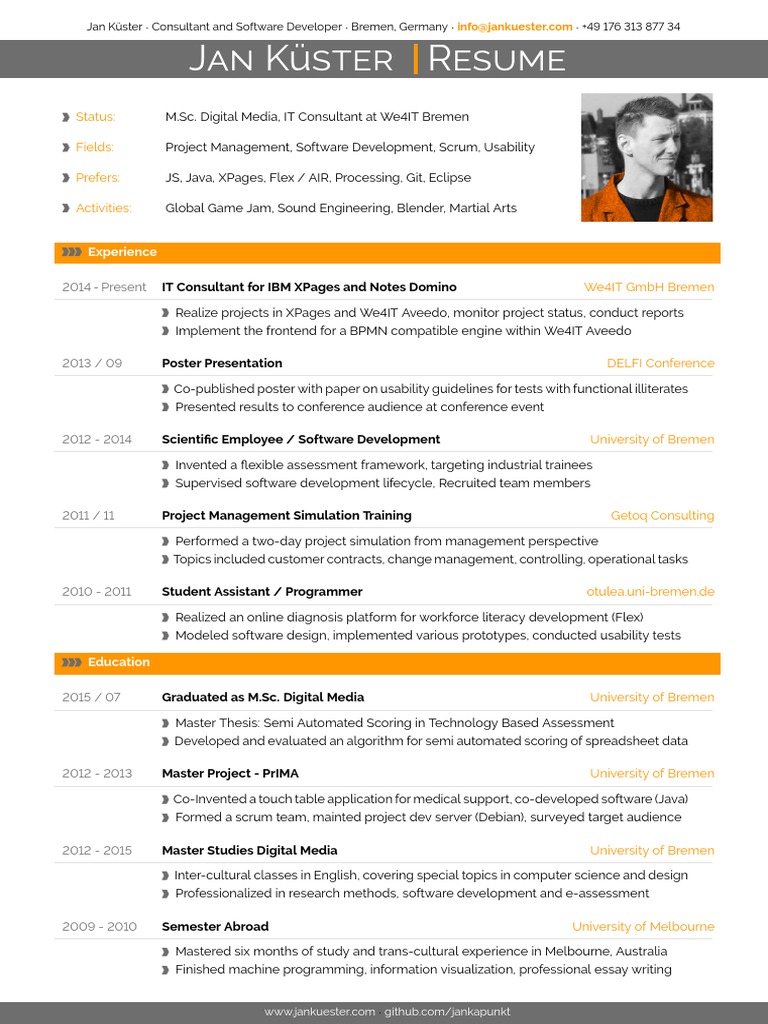 Jan Kusters Modern Looking CV PDF Software Development Programmer