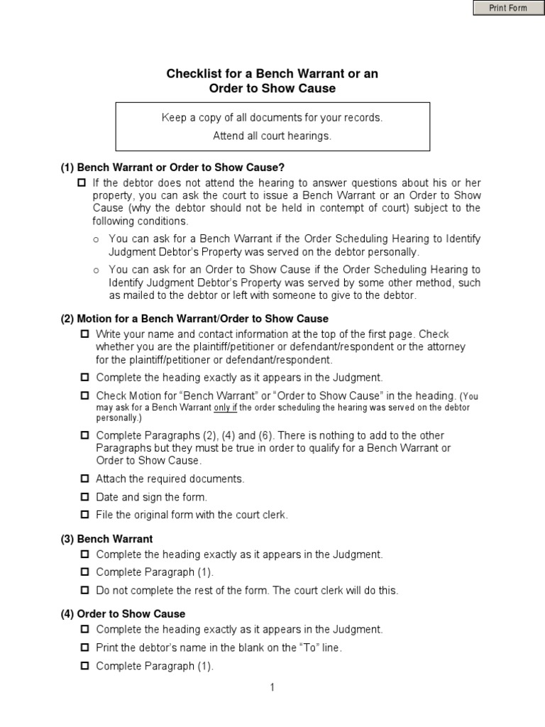 Checklist For A Bench Warrant or An Order To Show Cause | PDF | Service ...