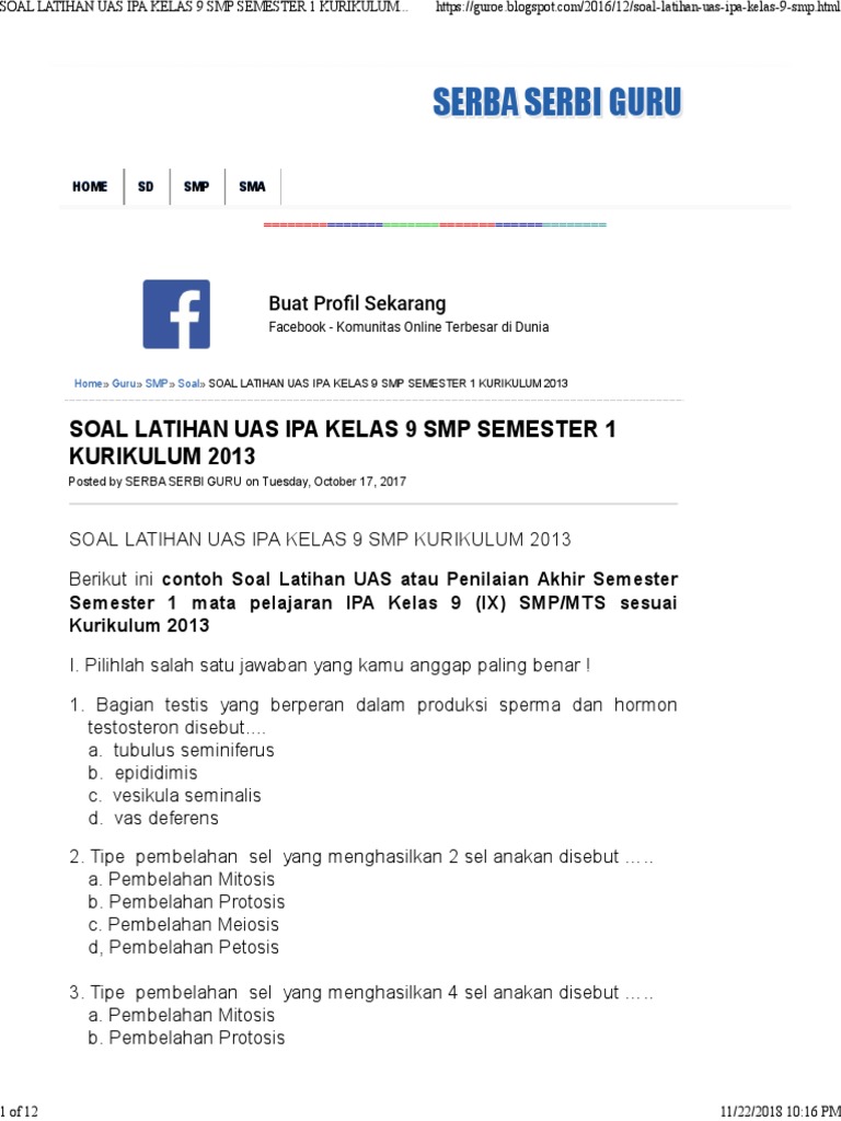 Soal Latihan Uas Ipa Kelas 9 Smp Semester 1 Kurikulum 2013 Serba Serbi Guru