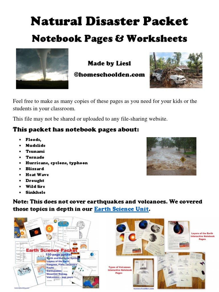 natural disaster worksheets notebook pages and hands on