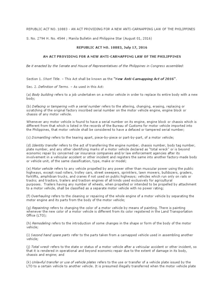 New Anti-Carnapping Act of 2016 | PDF | Carjacking | Vehicles