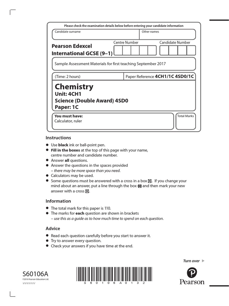 Chemistry 1C - Specimen Paper | Hydrogen | Atoms